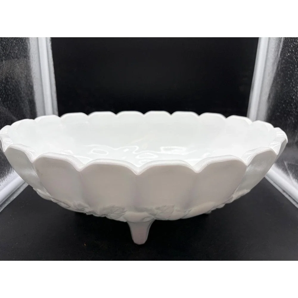 Westmoreland Milk Glass Paneled Grape Footed Fruit Bowl Scalloped Oval 12 Inch